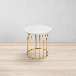 Mesa lateral redonda Copa base oro y mármol blanco